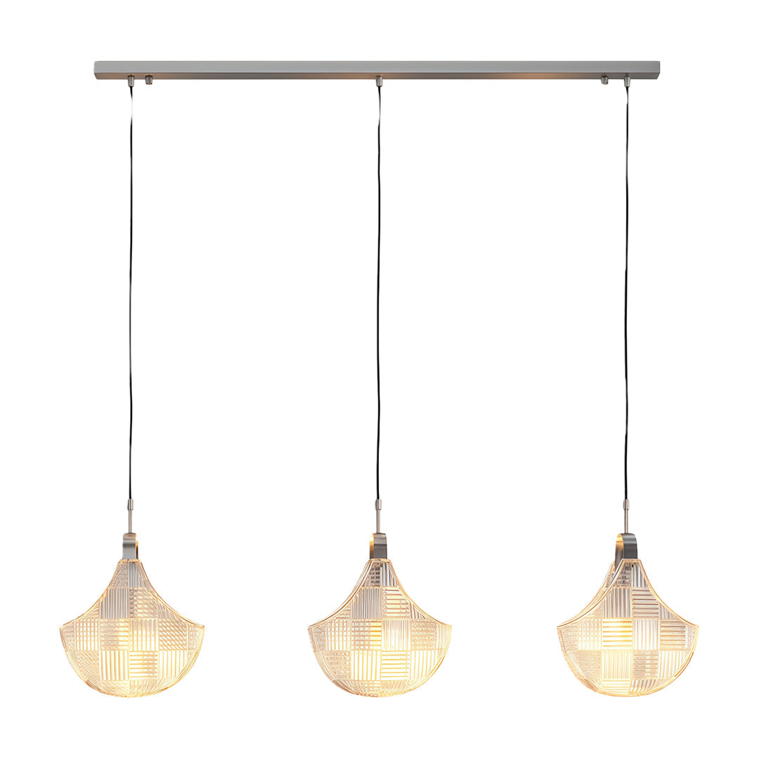 Shell chandelier light featuring chrome finish with linear three-pendant arrangement.