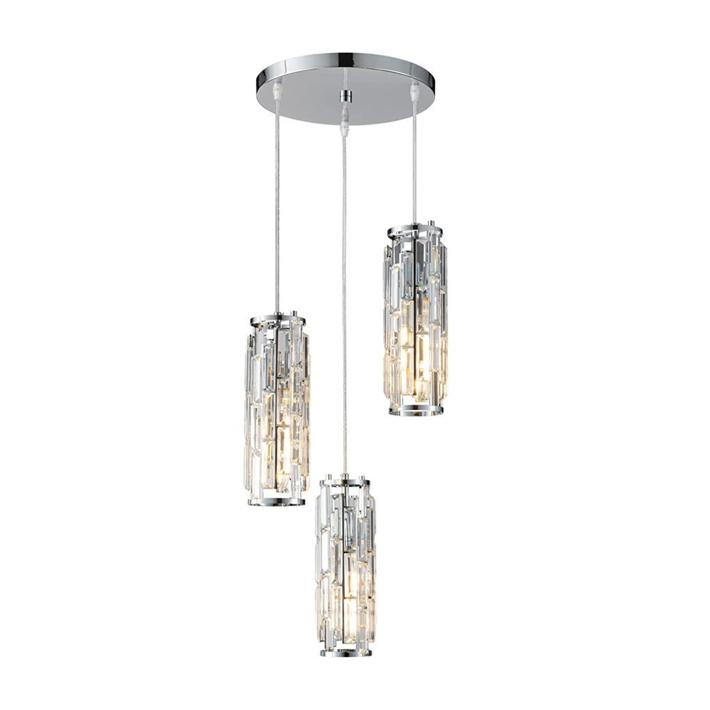 Three-light chrome mini crystal pendant light fixture with modern ceiling mount.