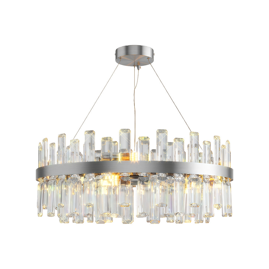 Decorative luxury crystal chandelier featuring chrome finish with vertical clear crystal elements.
