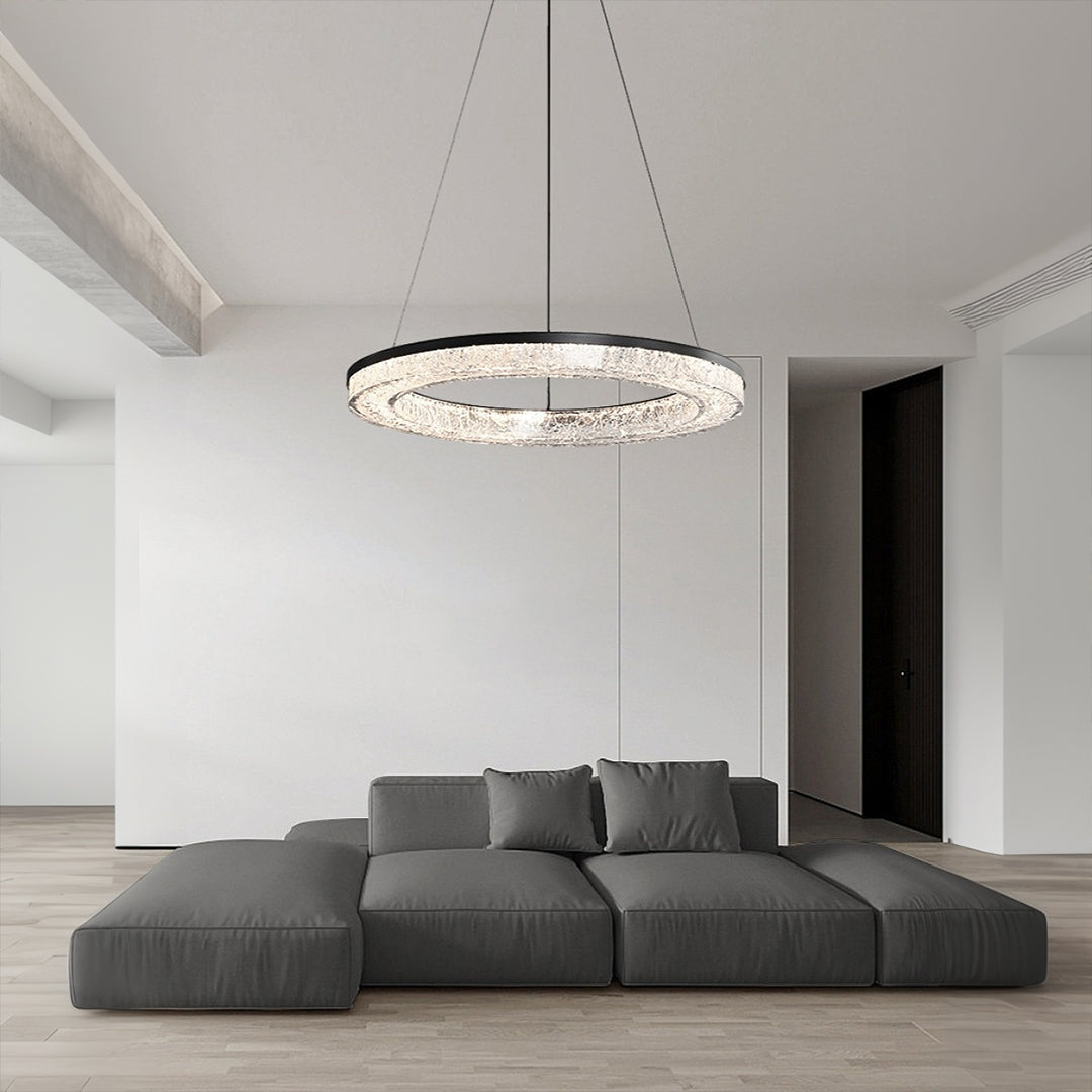Circle pendant light crystal ring with crushed ice texture features modern design and eye-catching illumination.