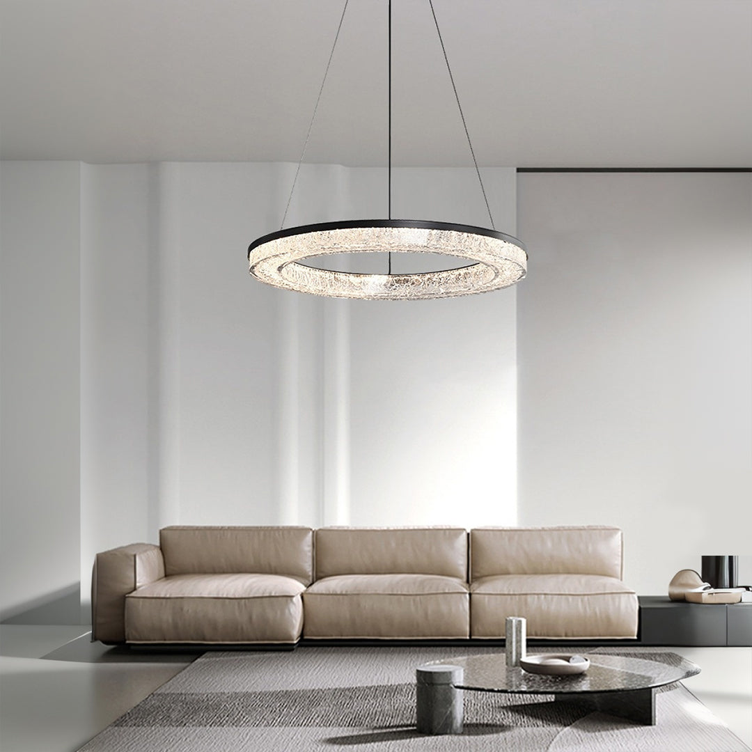 Circle pendant light crystal ring with crushed ice texture creates a luxurious glow with shimmering light effects.