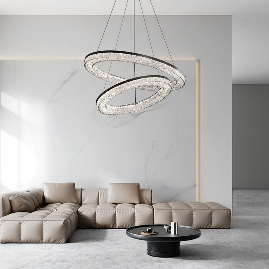 Circle pendant light crystal ring with crushed ice texture adds sparkle and modern elegance to dining rooms and living spaces.