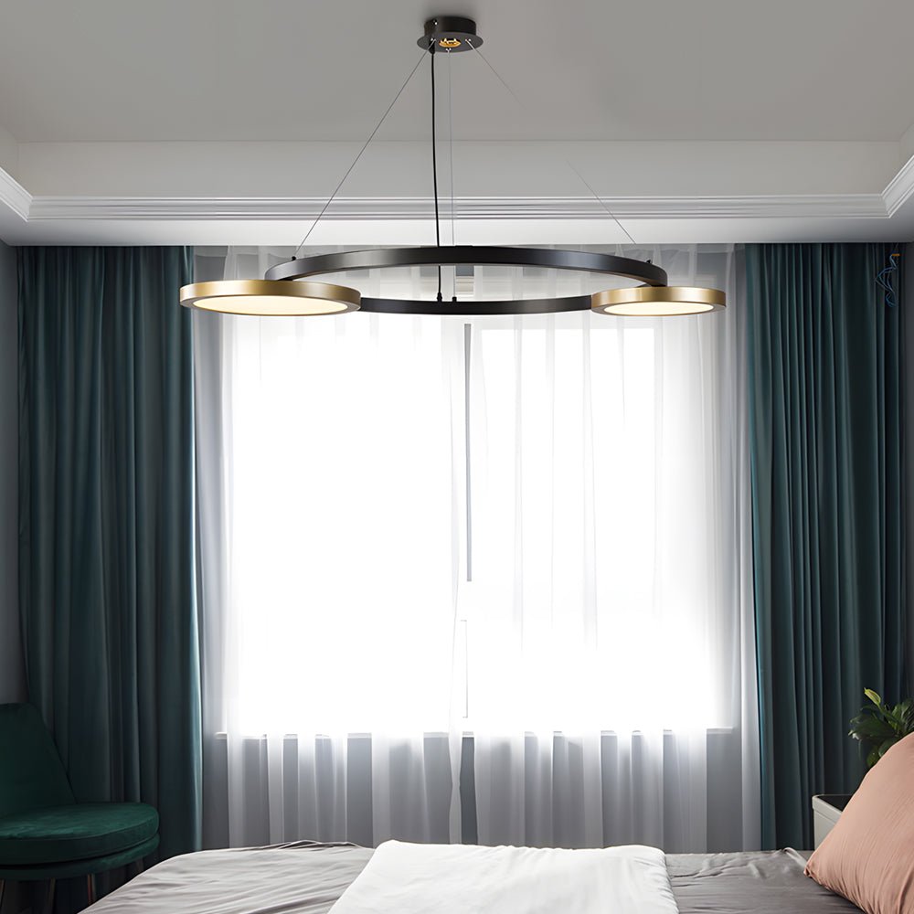 Circular LED Chandelier Multi - Ring Hanging Suspension Lights in Brass & Pearl Black Finish