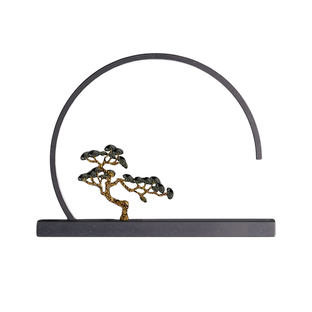 Minimalist circular wall light with black frame featuring miniature bonsai tree silhouette against white background