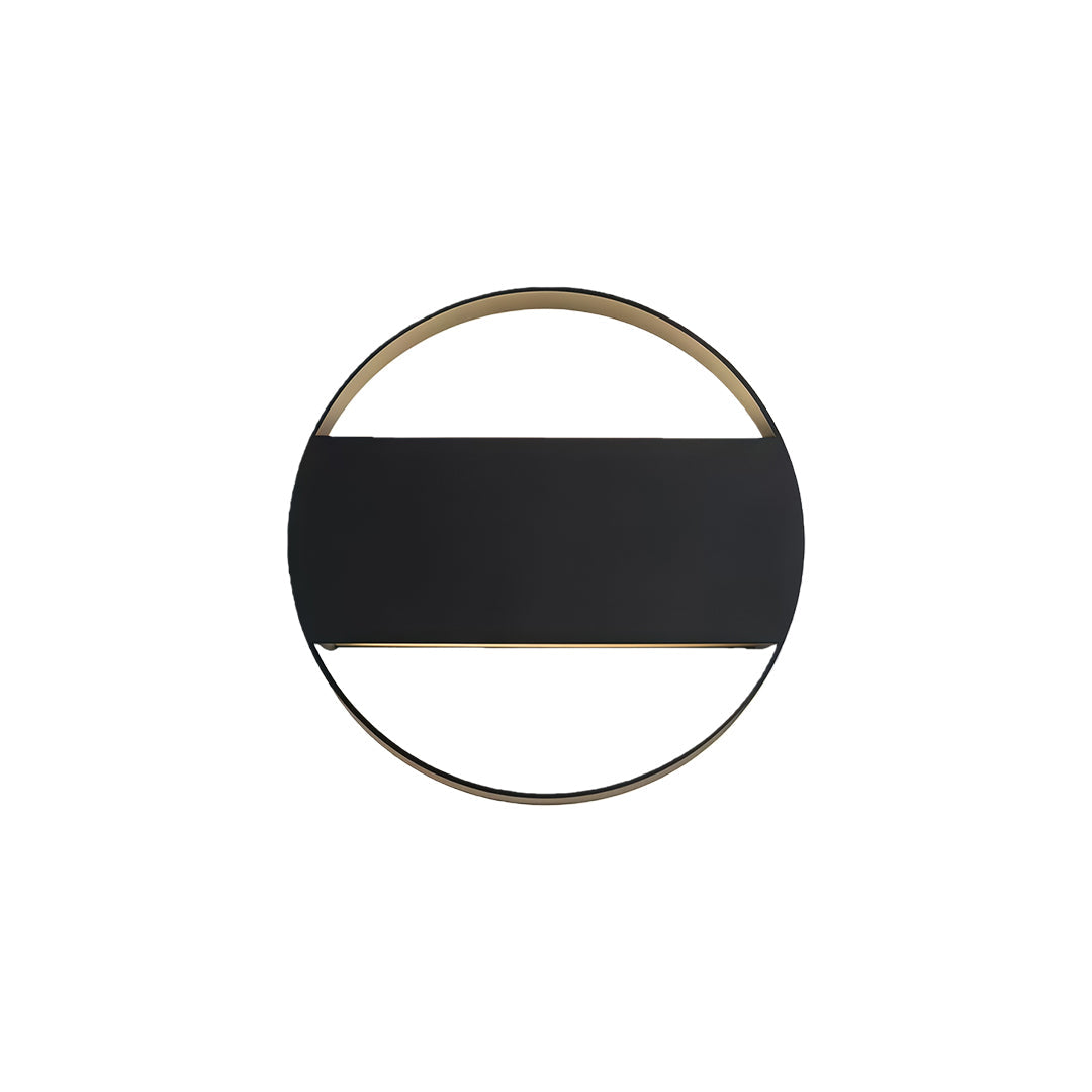 Circular wall mount exterior light with glass shade chandelier design in black finish creating half-moon lighting effect.