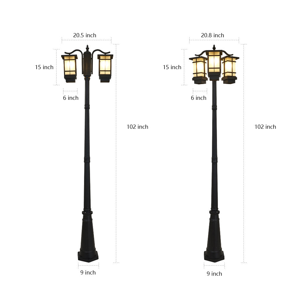2 head outdoor post light with classic design and black finish.
