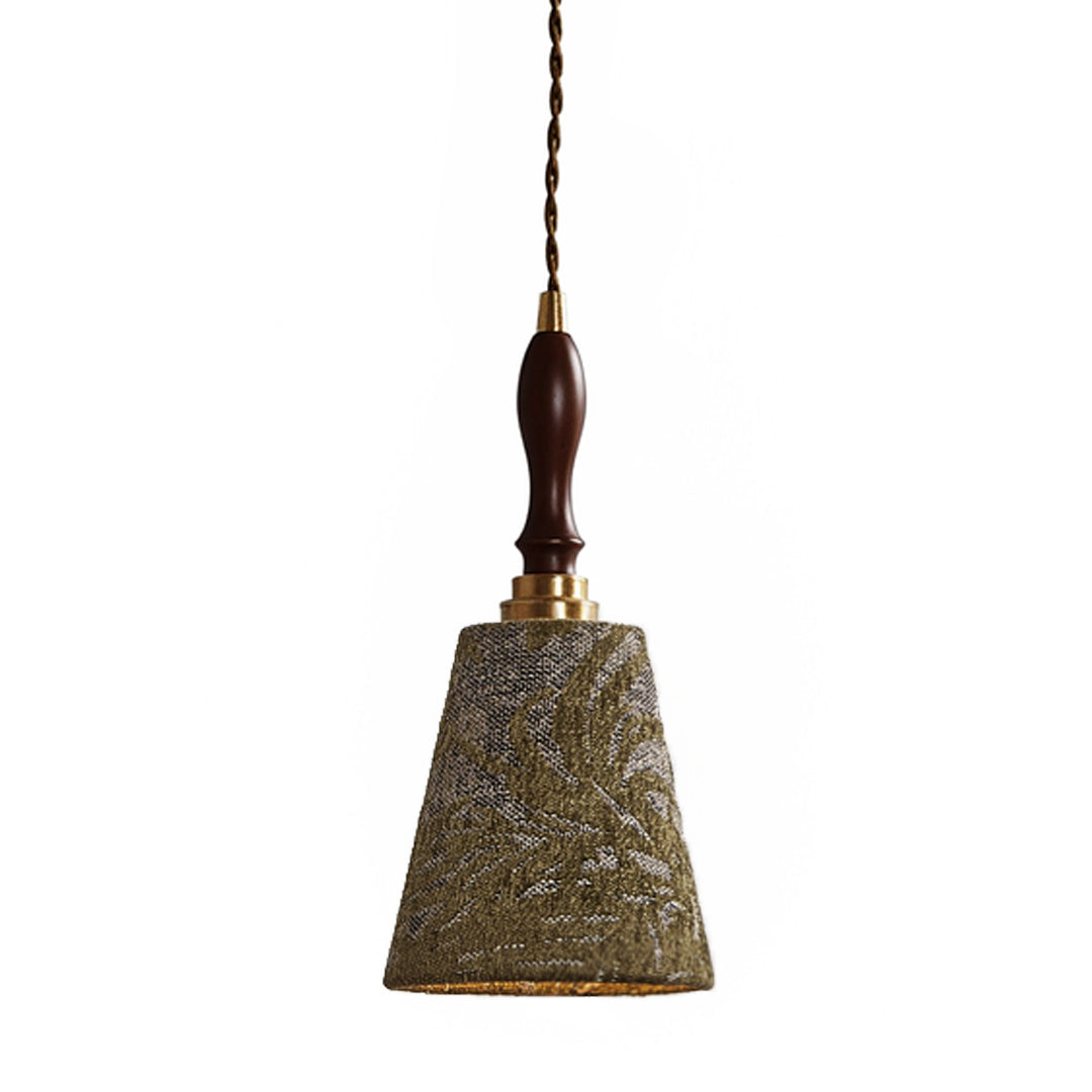 Classic retro pendant lighting showcasing tapered cone shade with intricate perforations and carved wood detail