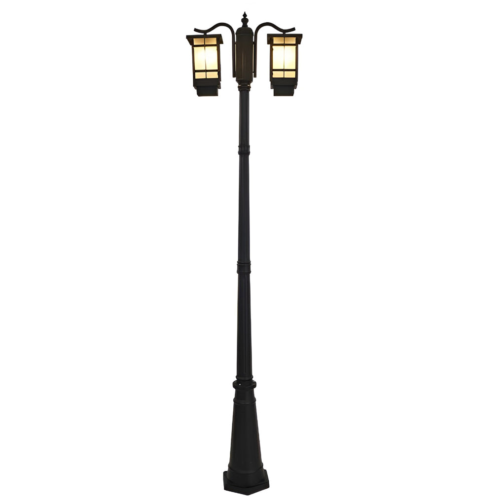 2 head outdoor post light with classic design on white background.