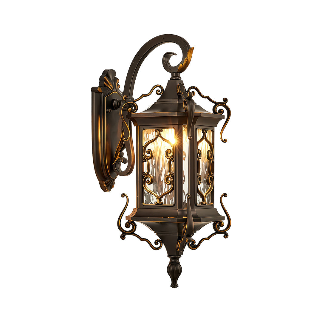 Classic outdoor wall sconce lights with ornate frame and glass panels, ideal for villa entrances.