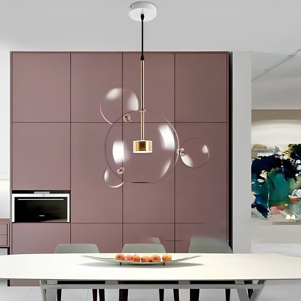 Cluster clear bubble chandelier creating sculptural lighting effect.