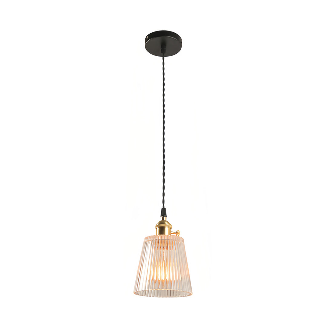 Clear glass pendant light featuring fluted design and contemporary black ceiling mount