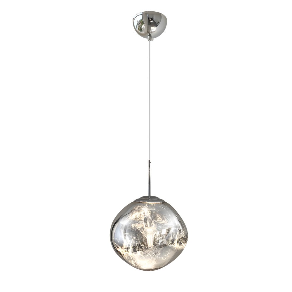 Melt LED pendant light product image isolated on white background, highlighting spherical mirrored design.