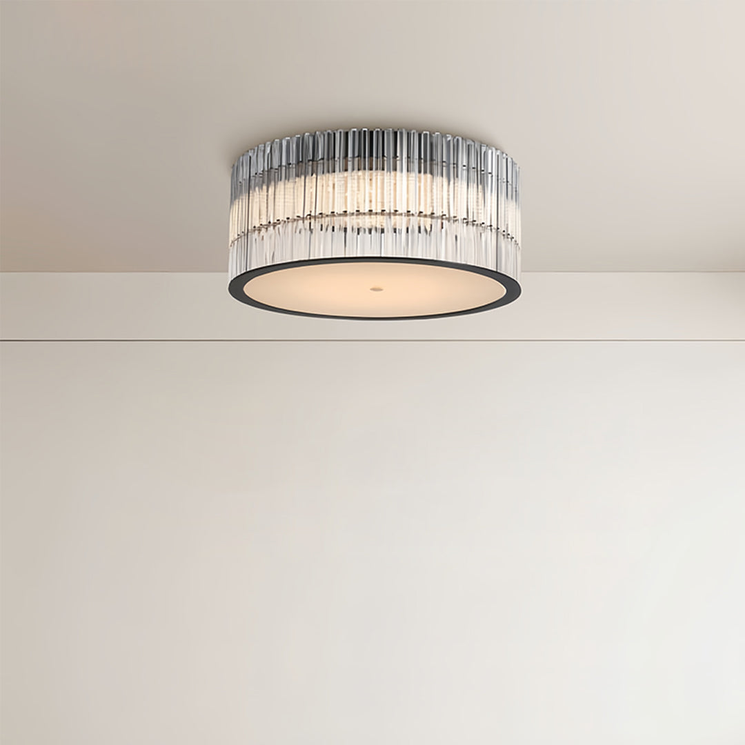 Close-up of crystal flush mount ceiling lights showcasing intricate crystal details and a warm light glow.