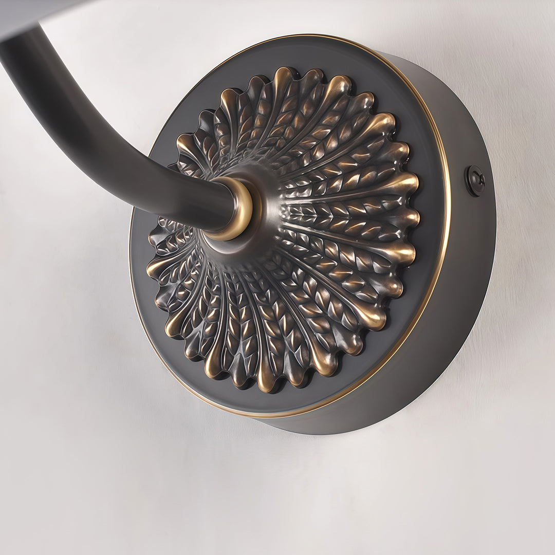 Close-up of the decorative brass socket on LED vanity bathroom lights, highlighting intricate design details.