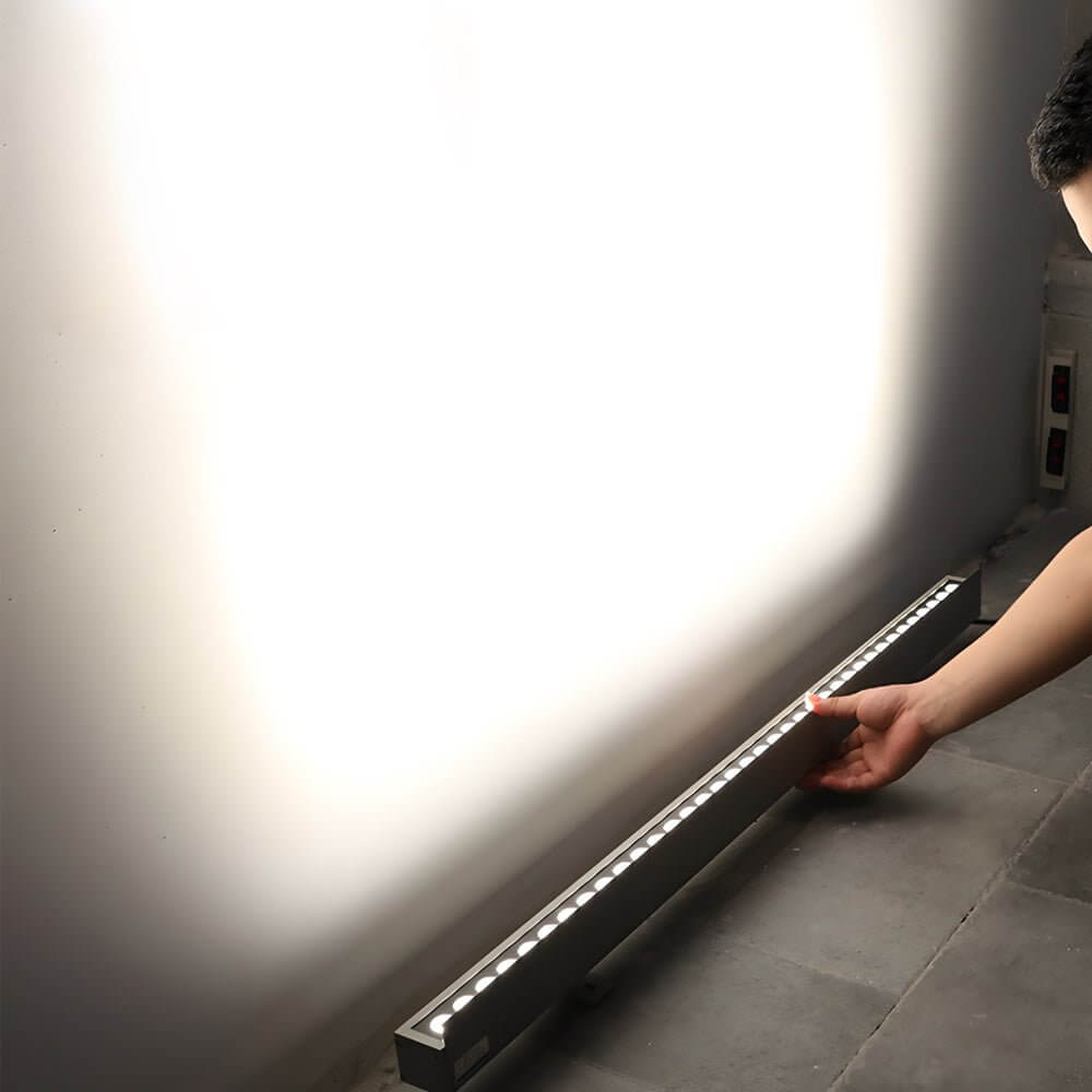 Close-up of LED wall washer light strip, showcasing bright and uniform light output for architectural lighting.
