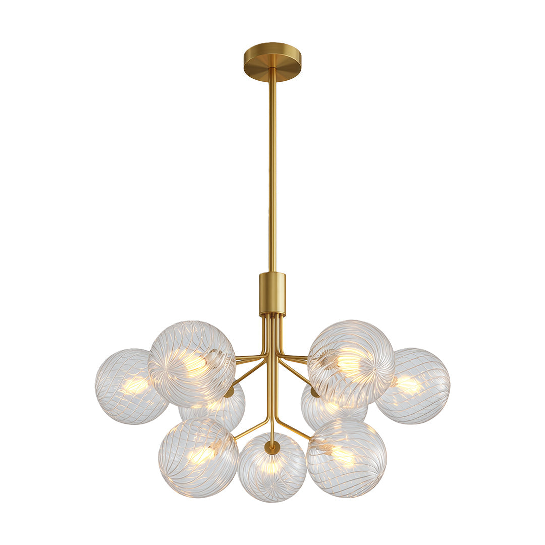 Close up of luxury modern chandeliers showcasing intricate glass sphere details and warm lighting.