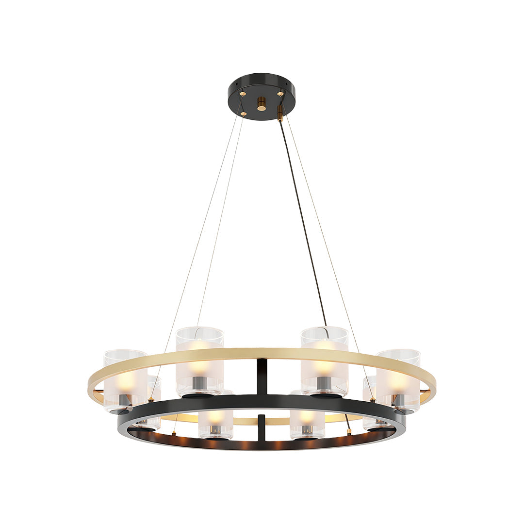 Close up of modern luxury chandeliers showcasing candle-style lights and elegant metal frame.