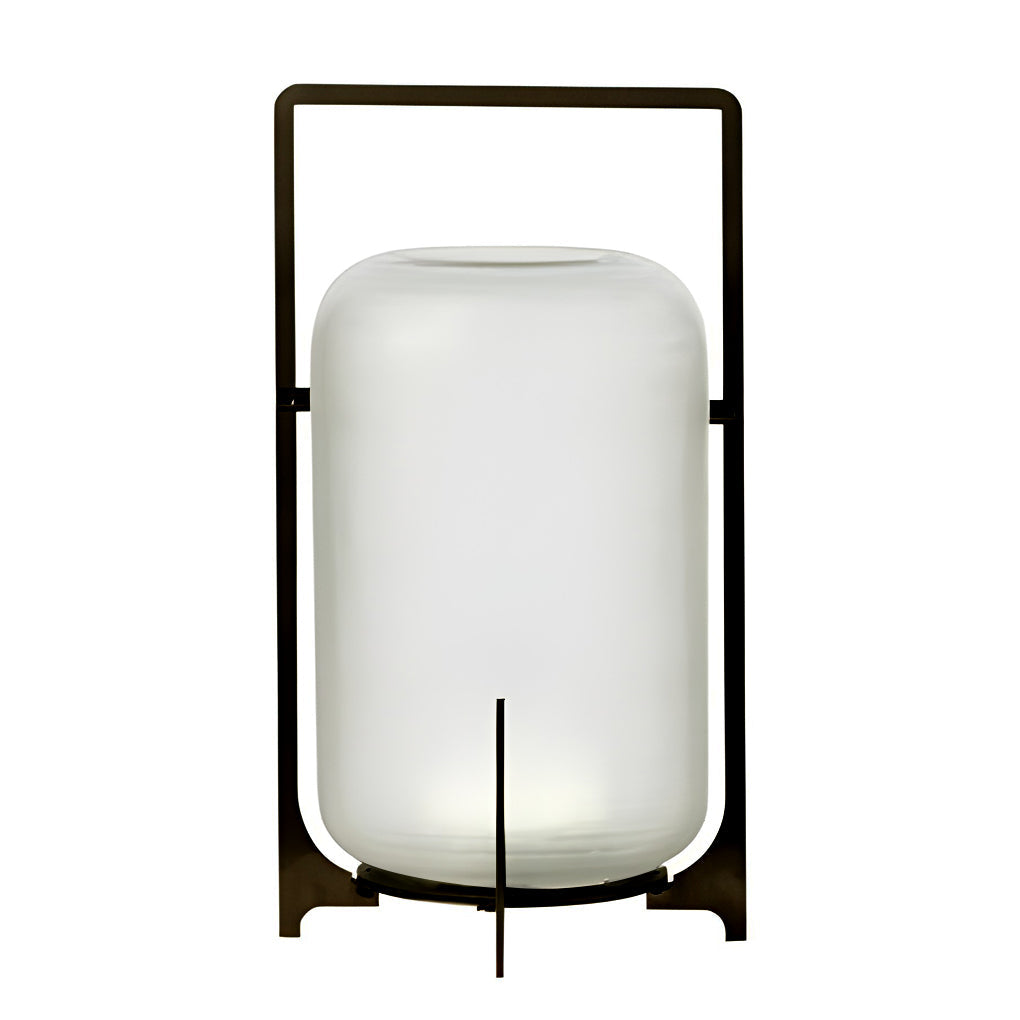 Close-up of outdoor modern handle lantern base showing sturdy black metal frame.