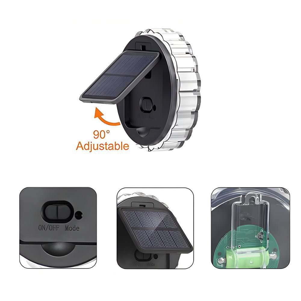 Close-up of outdoor patio solar lights, highlighting the sleek design and compact solar panel for efficient charging.