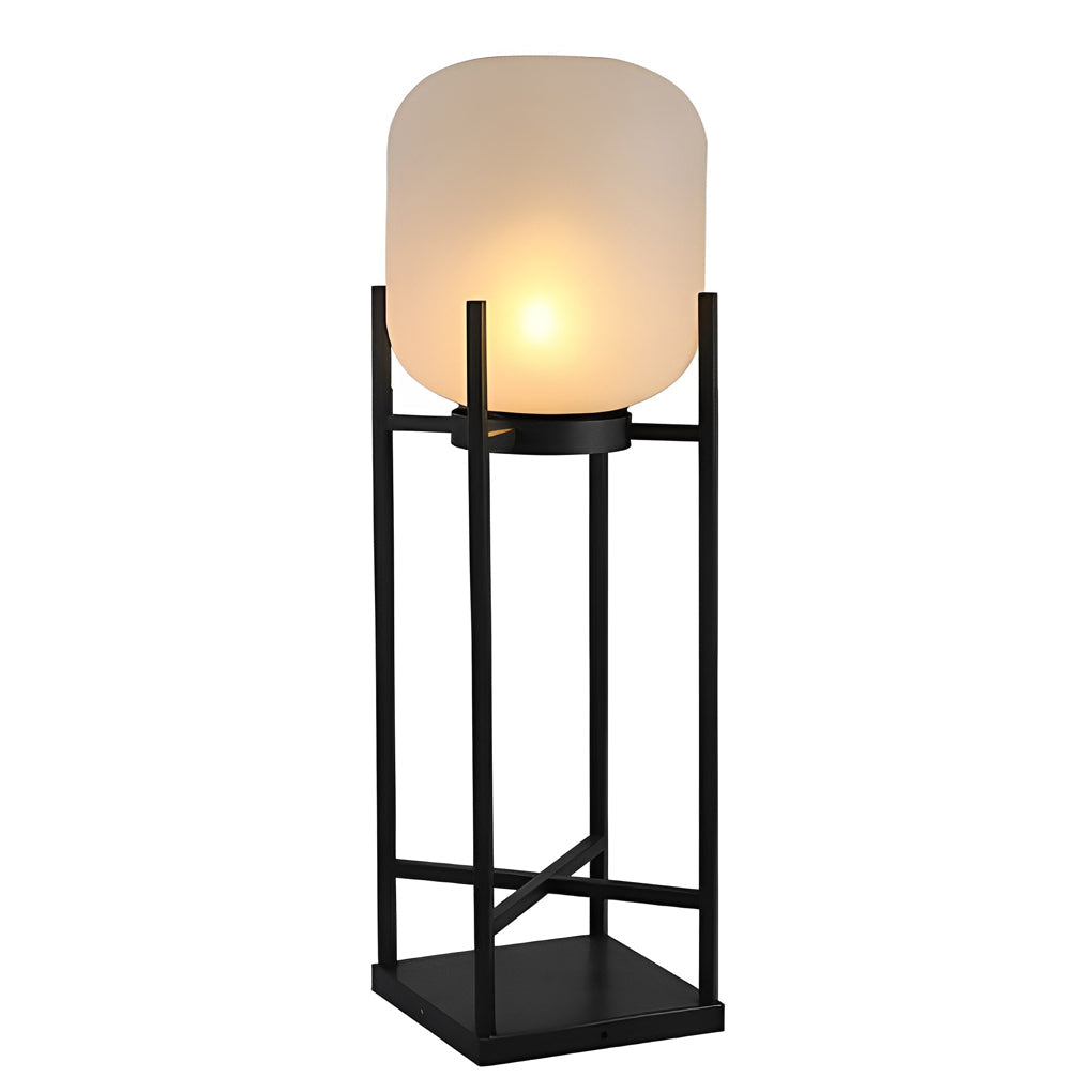 Close up of outdoor standing light base showing sturdy black metal frame construction.