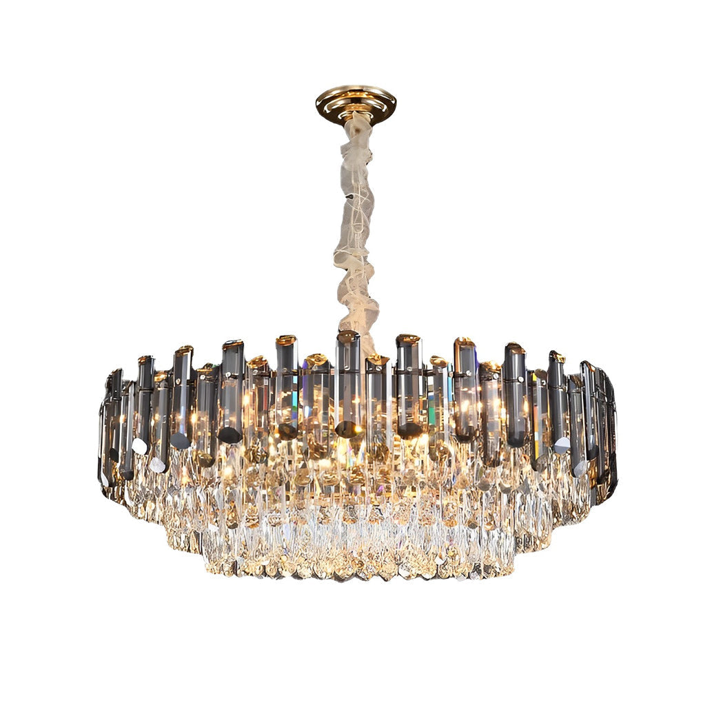 Close-up of a round drum crystal chandelier, showcasing its detailed crystal design and craftsmanship.