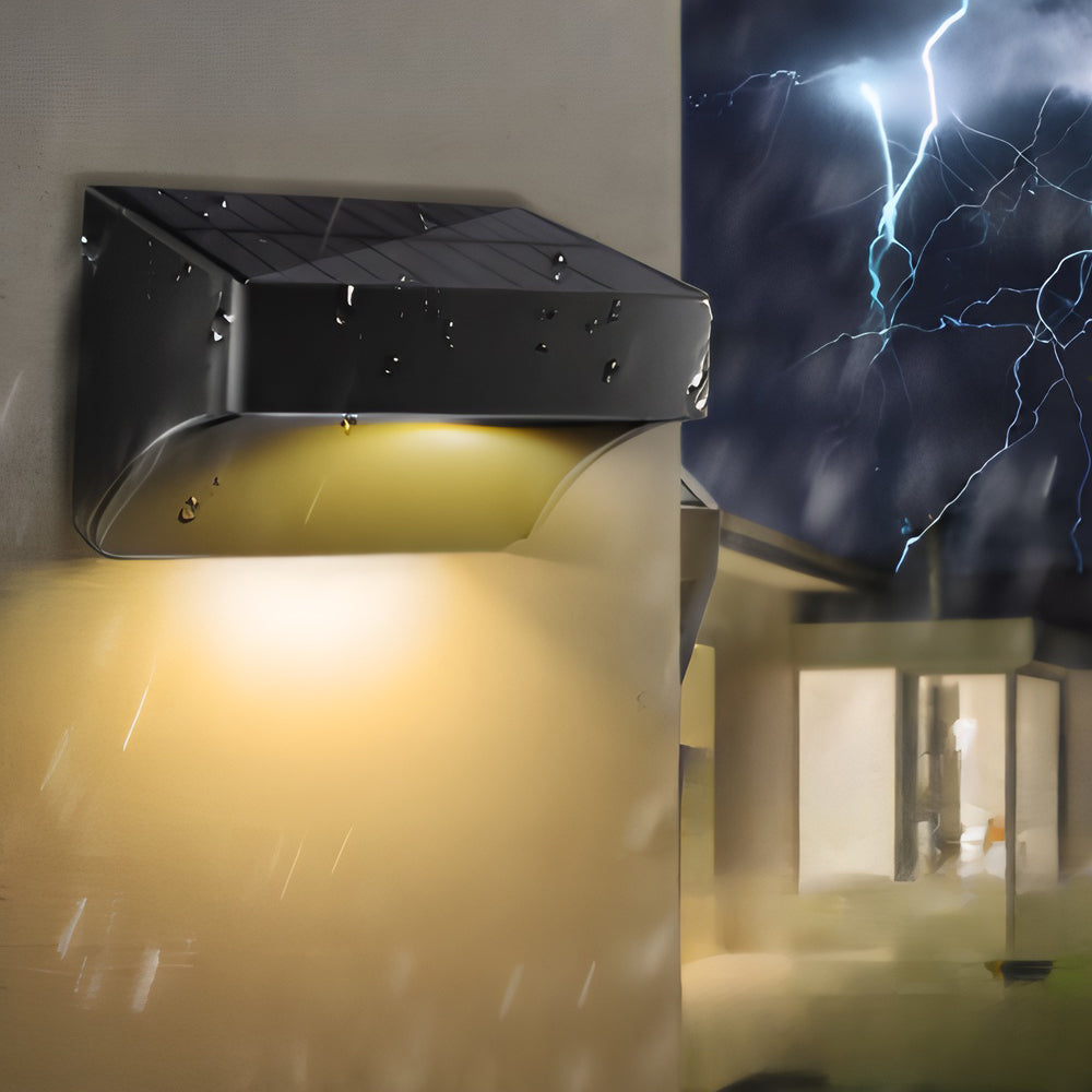 Close-up of solar outdoor wall light dusk to dawn, showcasing its bright LED and weather-resistant design.