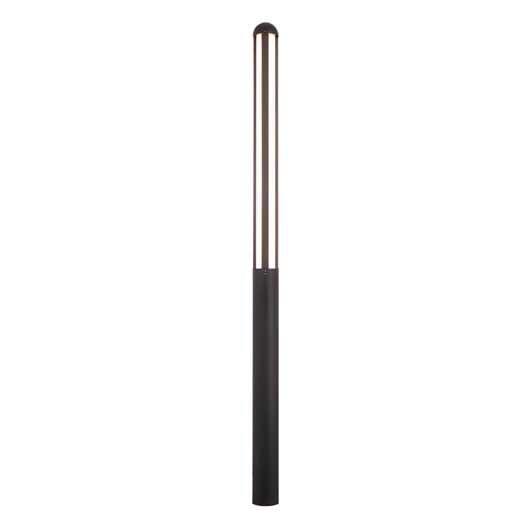 Close-up of tall garden bollard light showing sleek black design and curved top.