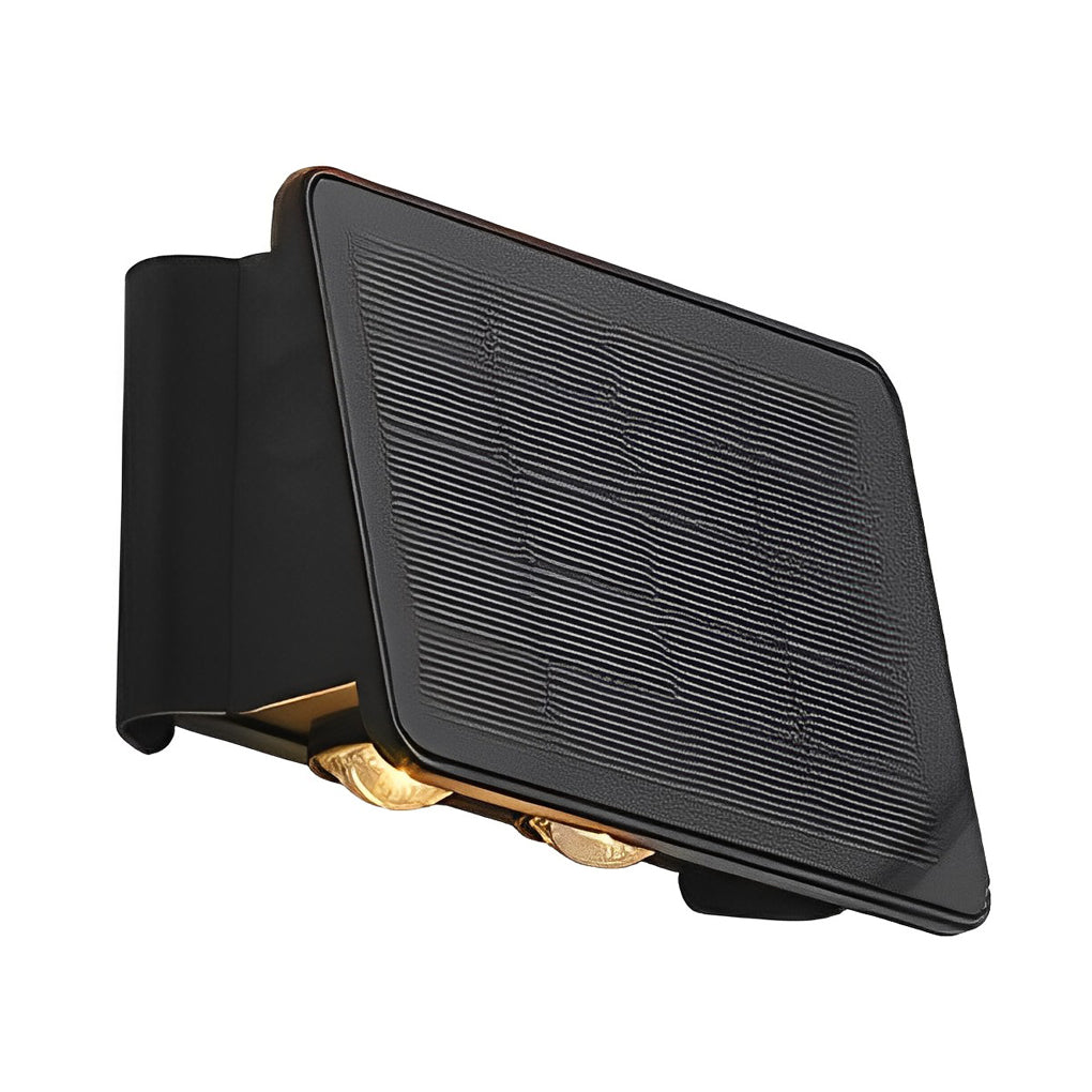 Close-up of wall sconce up and down light showing detailed black frame.