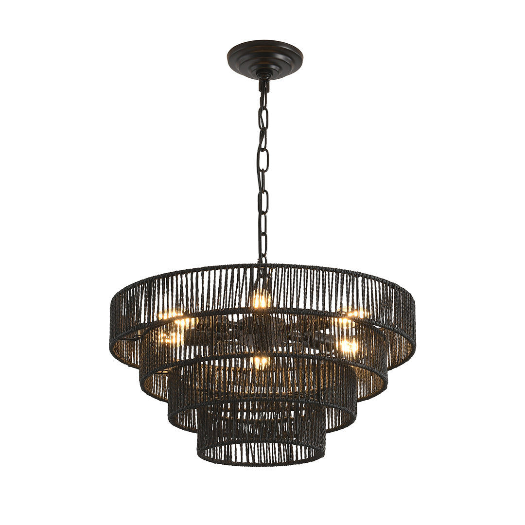 Close-up of a Japanese style chandelier's wood and crystal strands, highlighting its unique texture and design.