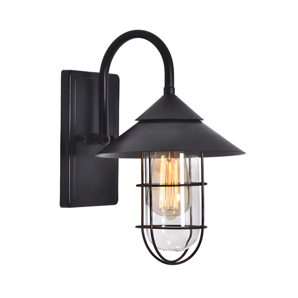 Close-up of black barn wall light with clear glass shade, showcasing its sturdy metal construction.