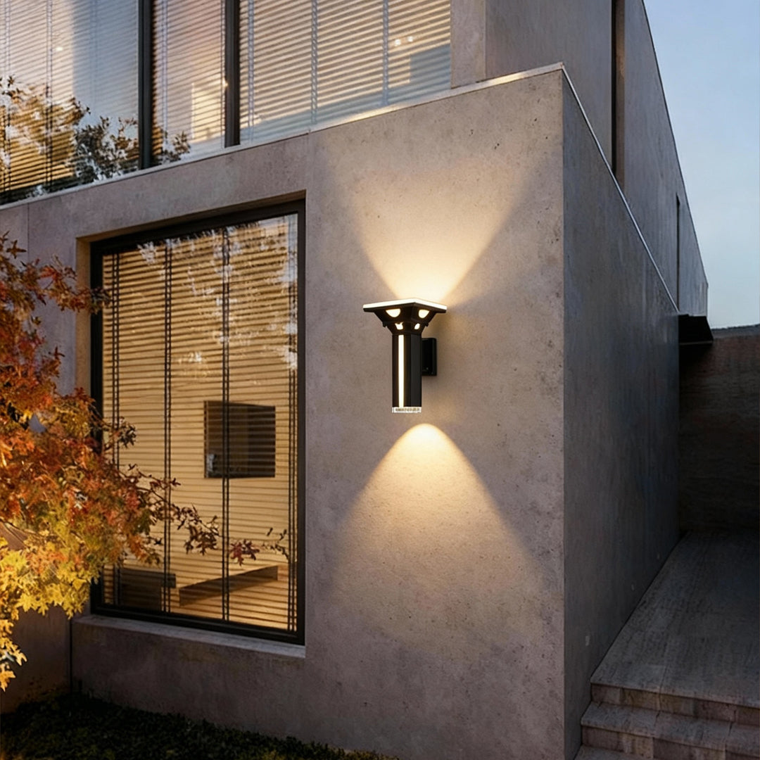 Close-up detail of outdoor wall column lights in black metal construction.