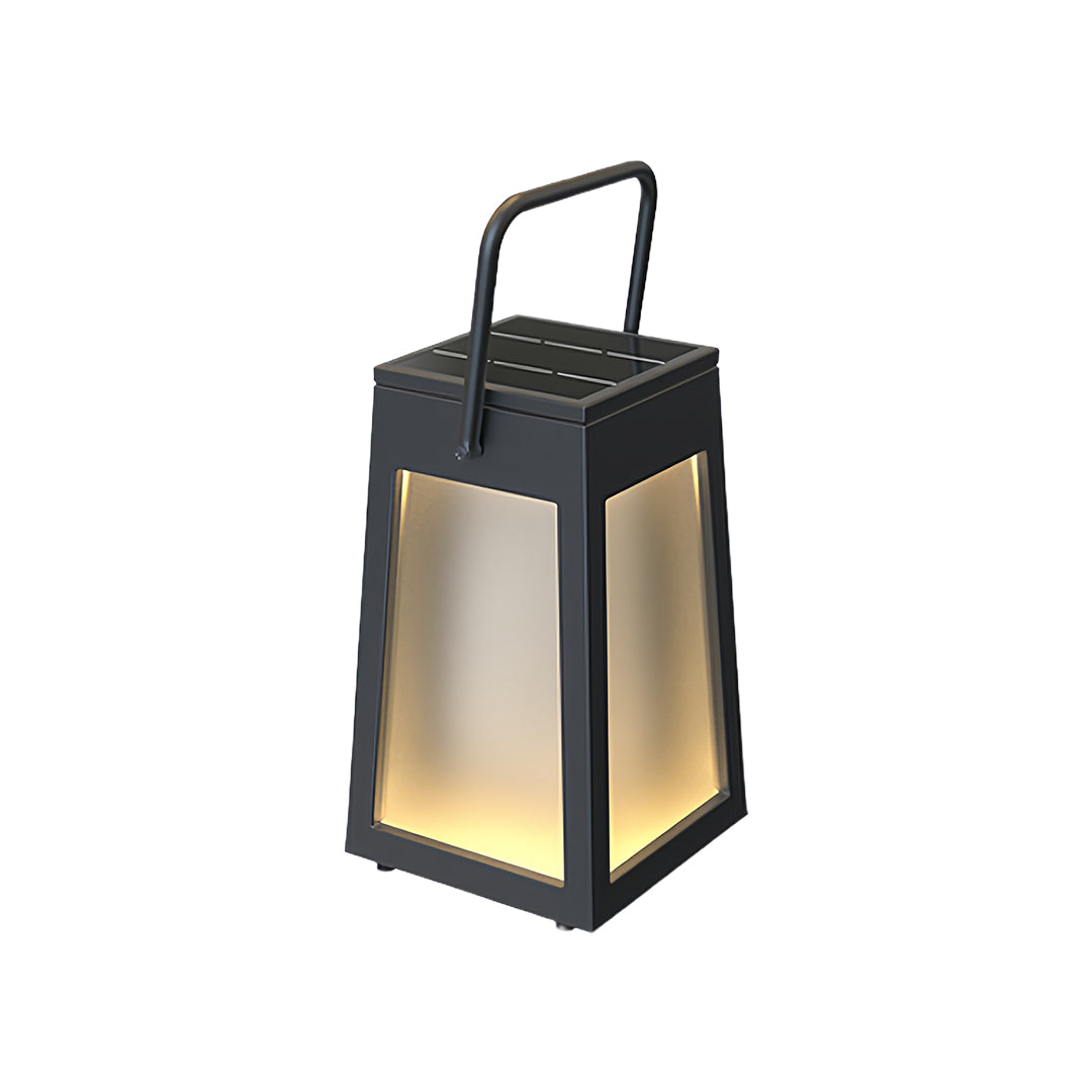 Close-up of the camping lantern top, showing the integrated solar panel for cordless outdoor use.