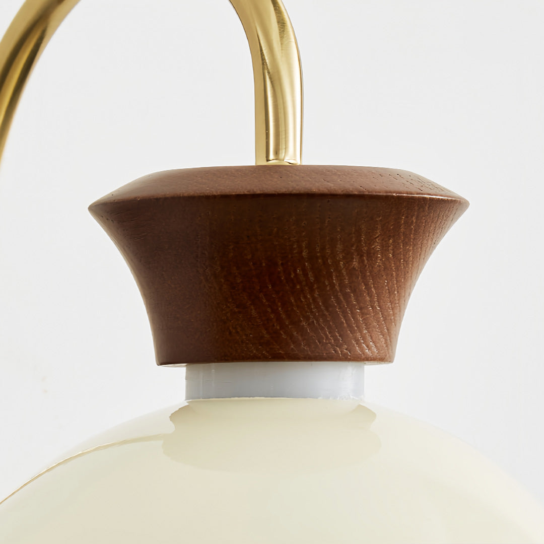Close-up of solar lights outdoor wall showing the curved brass arm and wood detail.