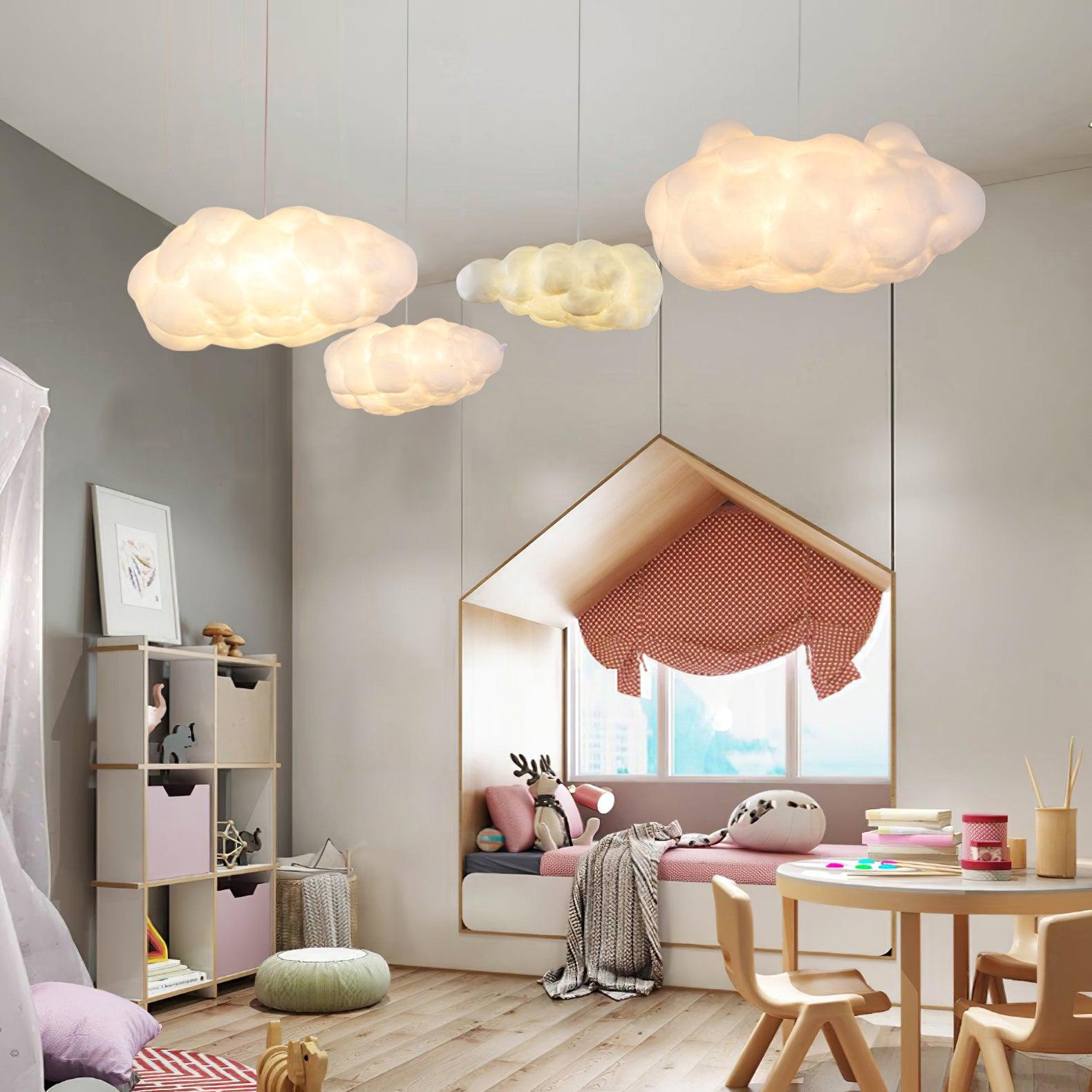 Soft cloud pendant lights illuminating a cozy kids bedroom with playful decor.