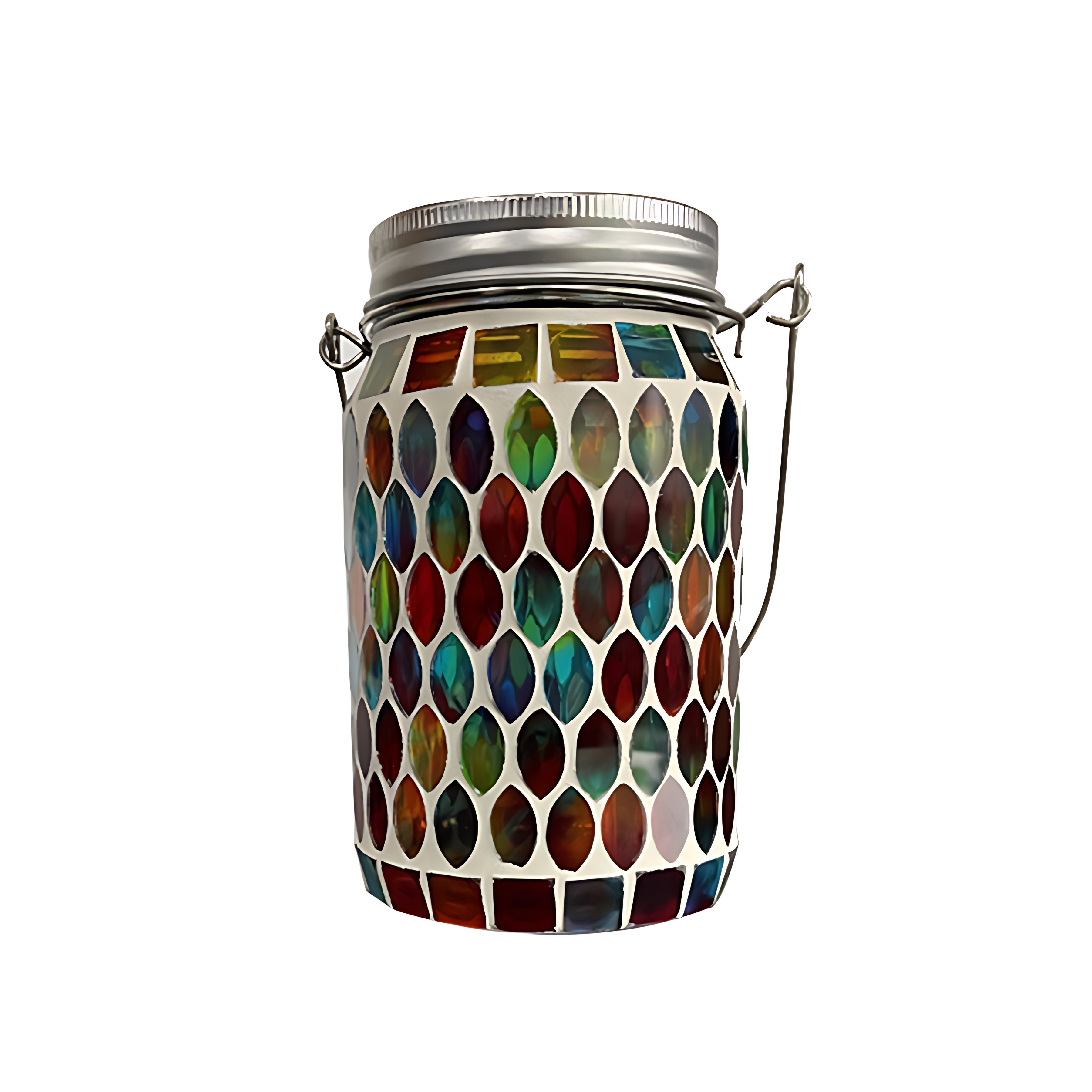 Colorful mosaic solar lantern with multi-colored glass tiles and metal handle on white background