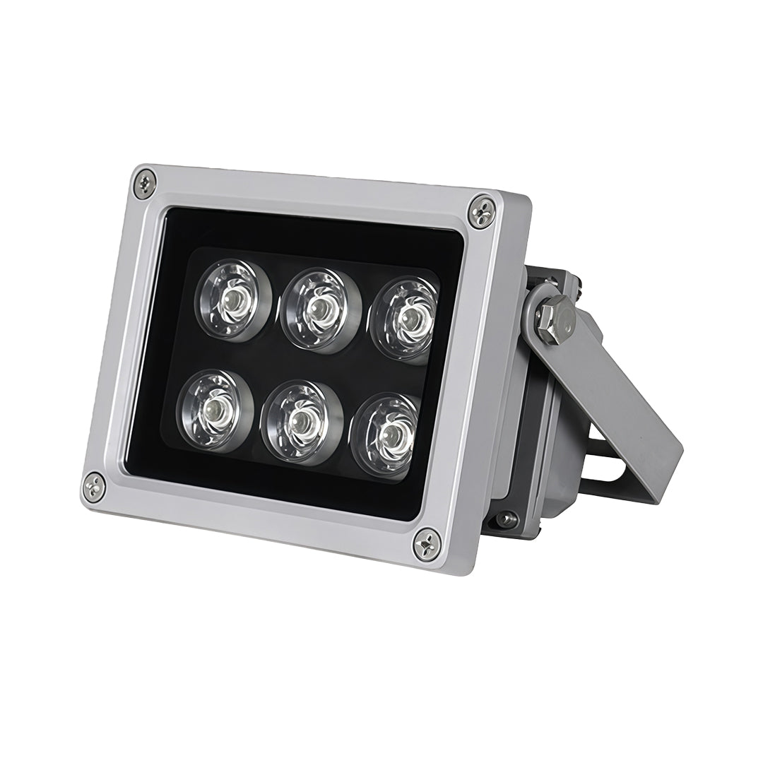 Compact architectural flood lights fixture with six high-intensity LED bulbs in a silver casing, isolated on white.