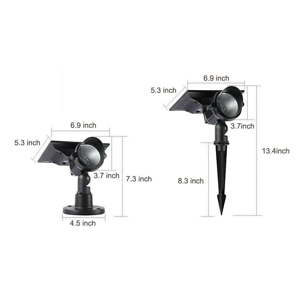 Lawn spot lights with dimensions 5.5x6.5x12.6 inches, showcasing compact design and solar-powered functionality