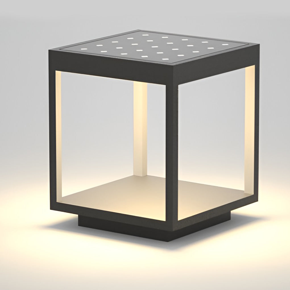 Cube-shaped concrete pillar light with warm LED glow