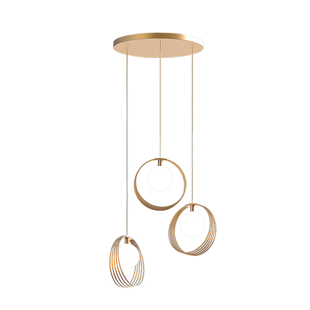 Contemporary 3 bulb pendant light with circular ring and dome elements in gold tone