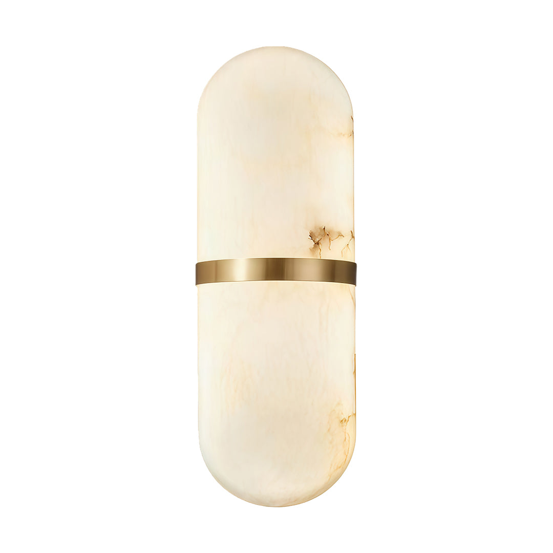 Contemporary art wall lighting with glass shade chandelier styling in large vertical capsule with frosted glass and gold accent.