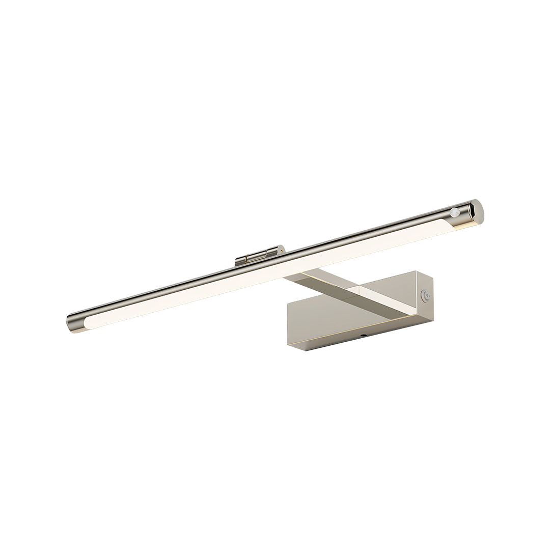 Contemporary modern bathroom vanity light featuring brushed nickel finish and elongated LED bar