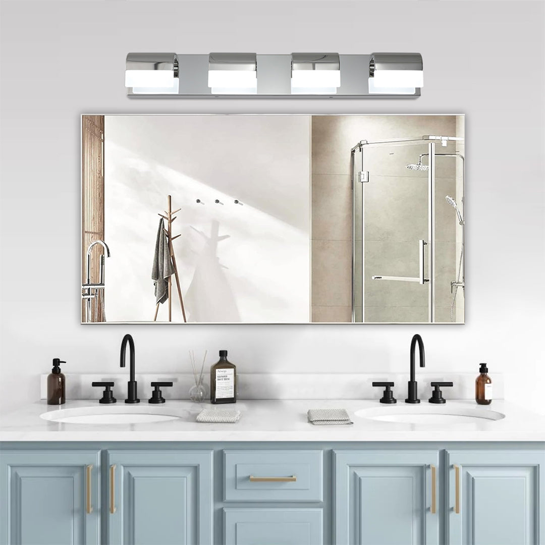 Contemporary black vanity lighting for bathroom with glass shade chandelier styling above elegant dual-sink vanity setup.