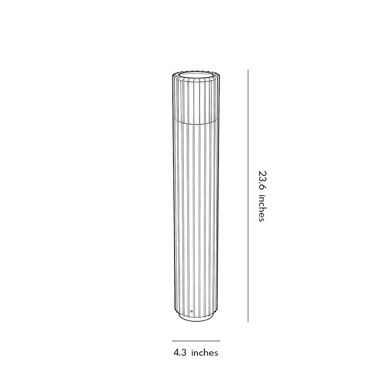 Contemporary bollard lighting dimension drawing with slim cylindrical outdoor pathway light measurements.