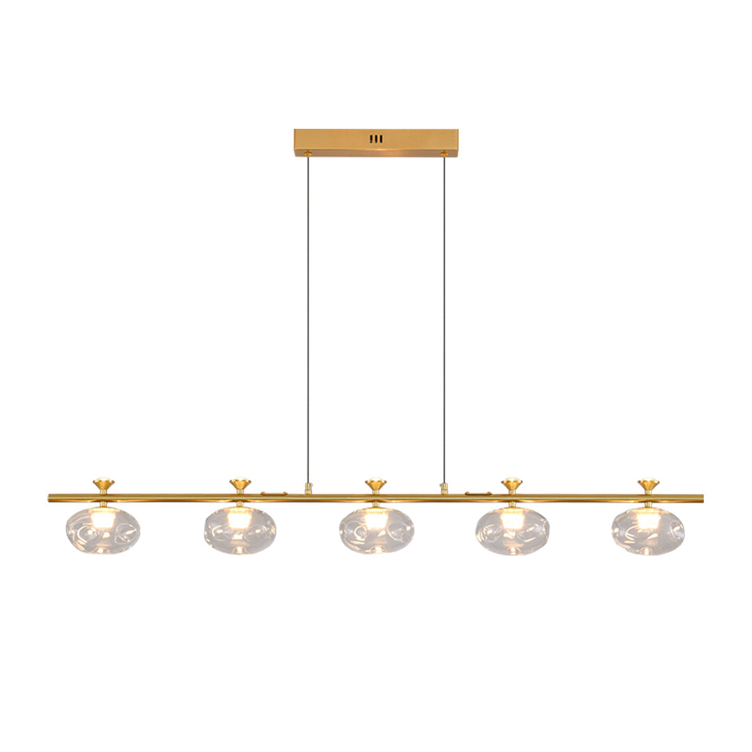 Contemporary linear glass chandelier with brass finish showcasing horizontal glass sphere design