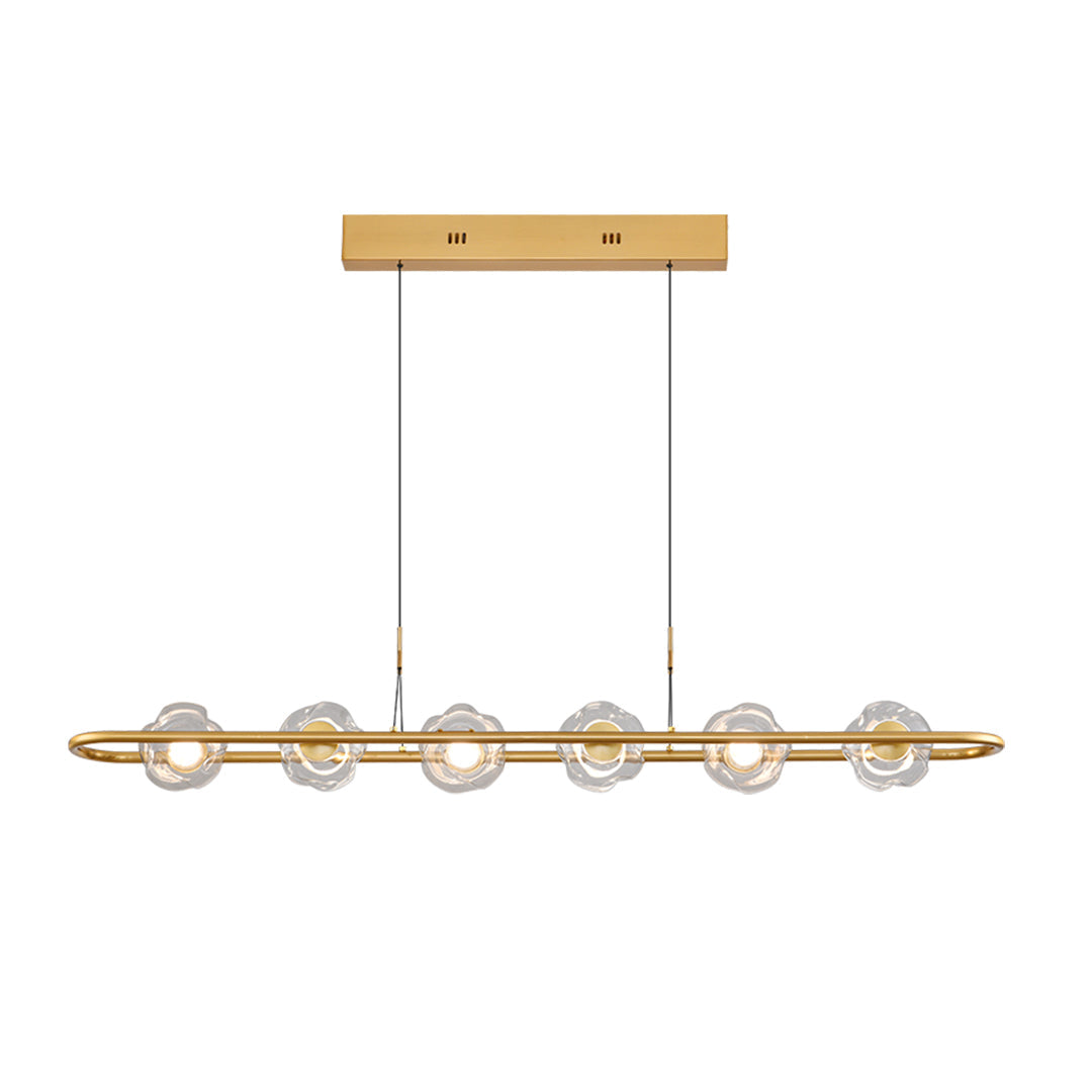 Contemporary rise and fall pendant light with brass finish showcasing linear glass sphere design