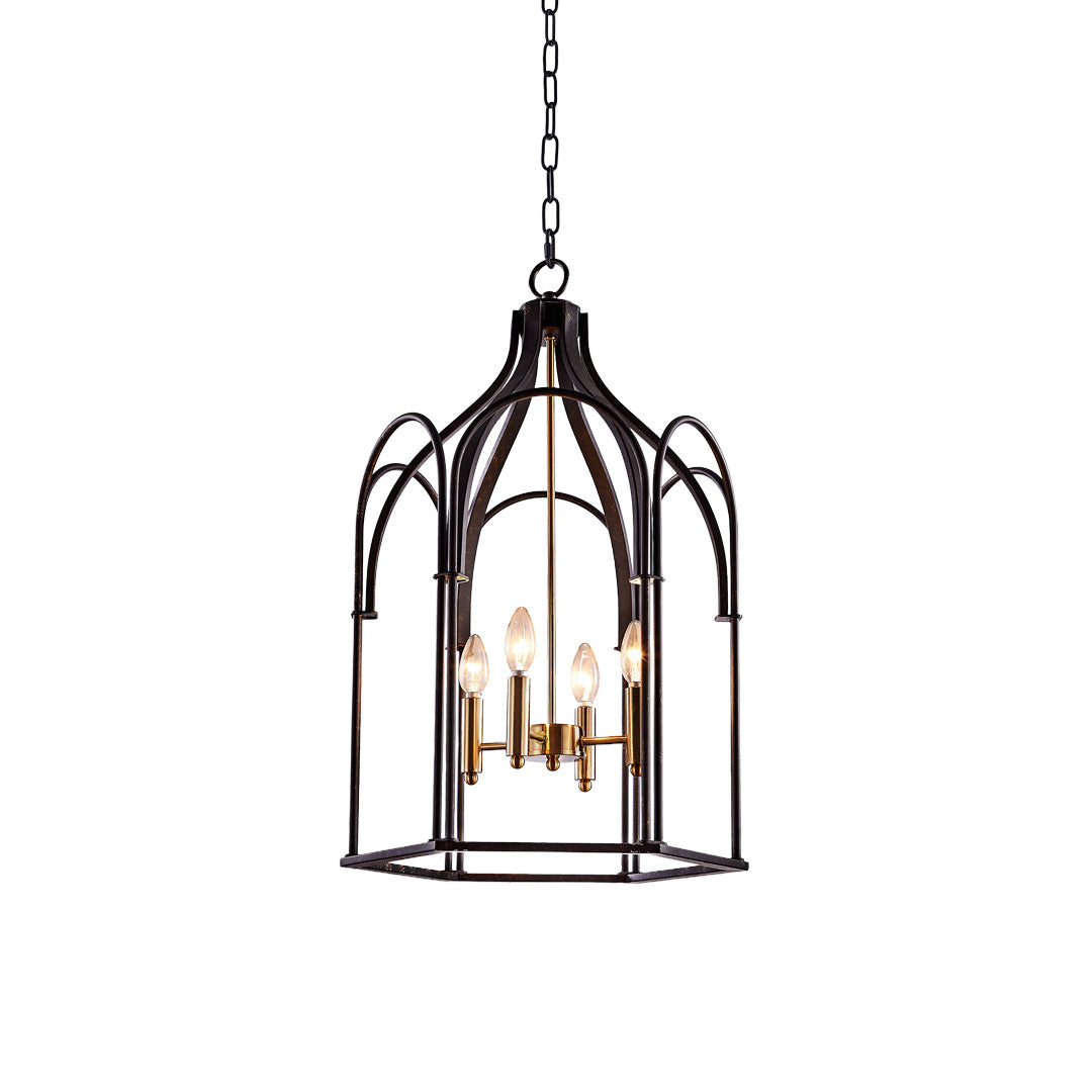 Elegant black metal lantern chandelier with vintage candle-style bulbs and decorative frame