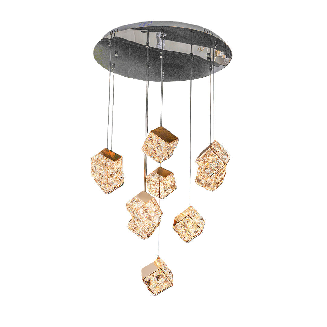 Contemporary chandelier with crystals and glass shade chandelier styling in round canopy design with cluster of golden crystal elements.