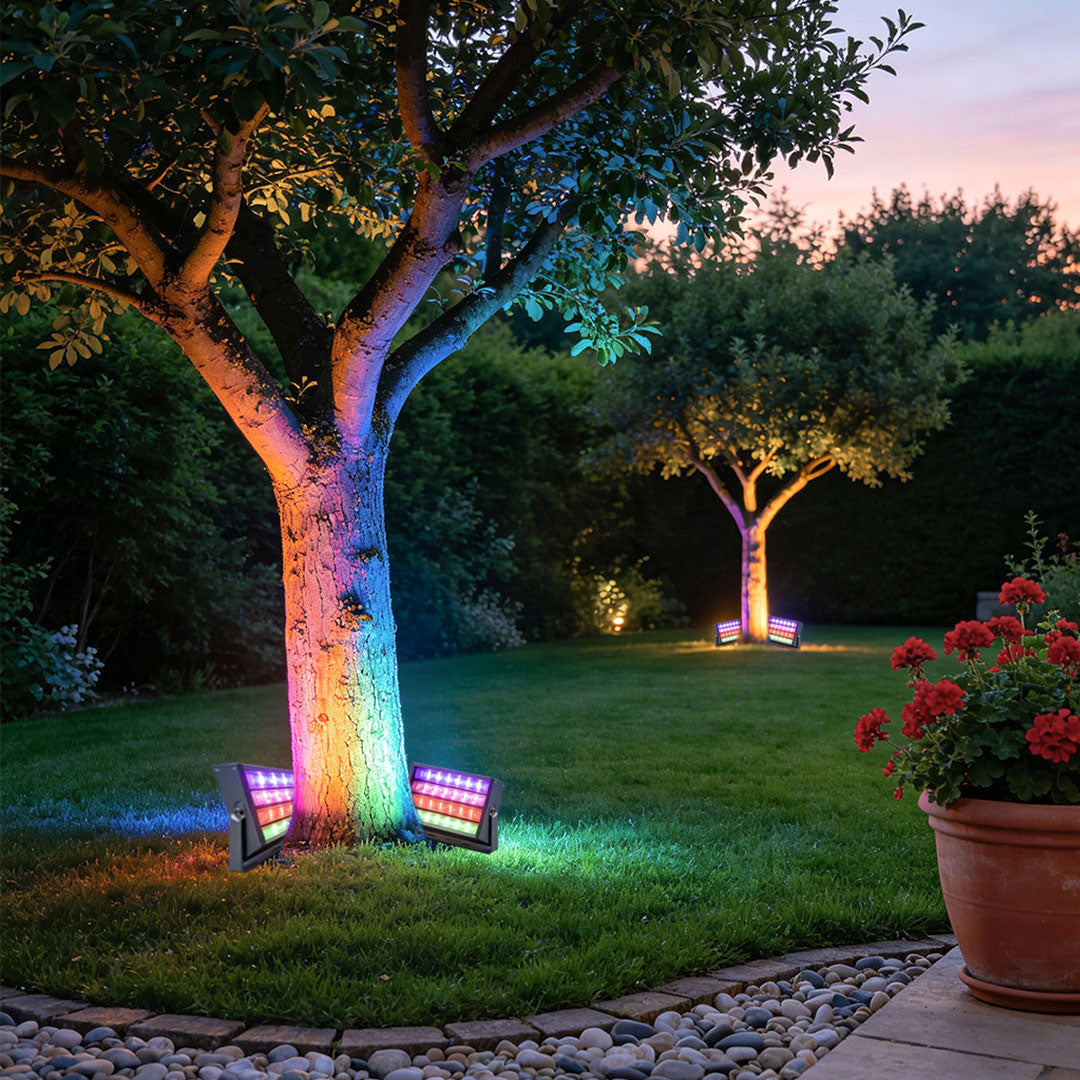Contemporary colored flood lights featuring durable outdoor LED floodlight construction and bracket mount.