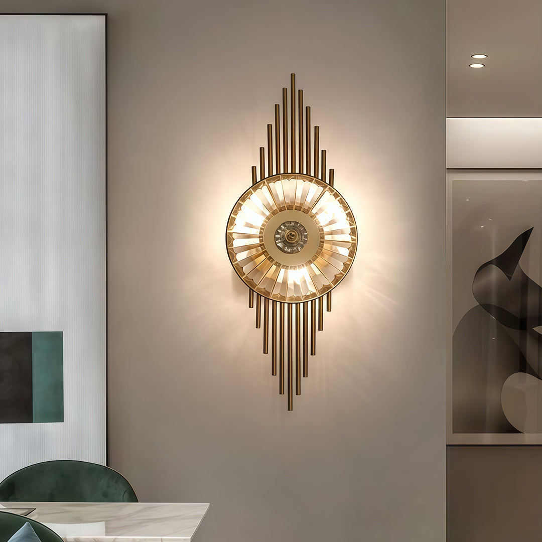 Contemporary crystal light wall with glass shade chandelier styling illuminating modern bathroom with warm ambient glow from central fixture.