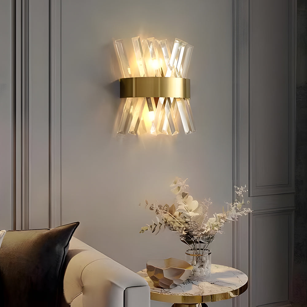 Contemporary crystal wall sconces illuminating a stylish corridor with ambient light.
